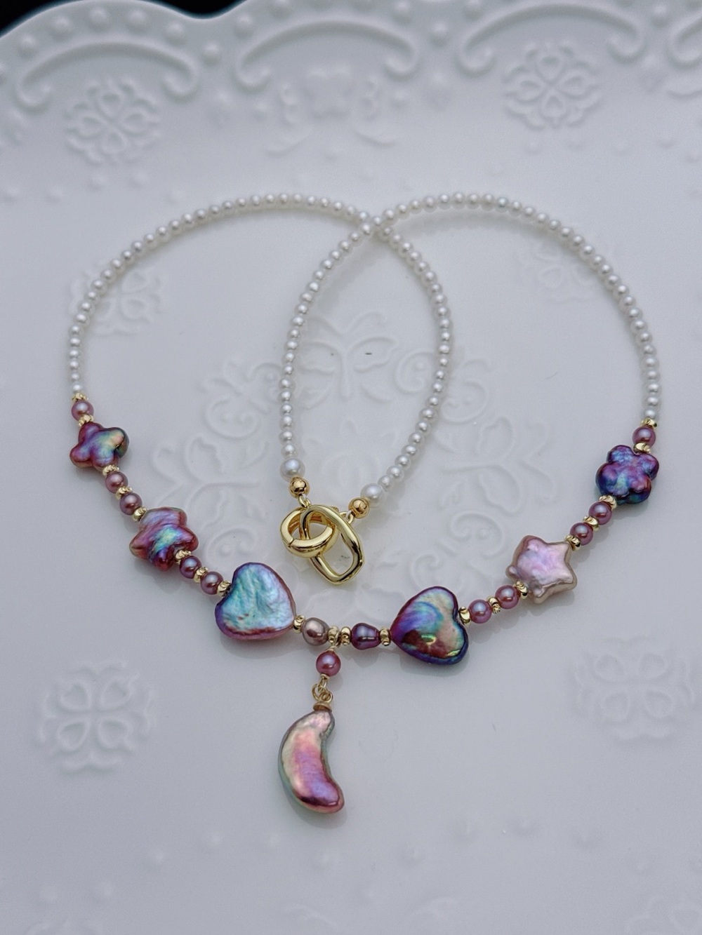 RL043 Handmade Premium Quality Freshwater Baroque Necklace Moon&Star 18” - Picture 5 of 16